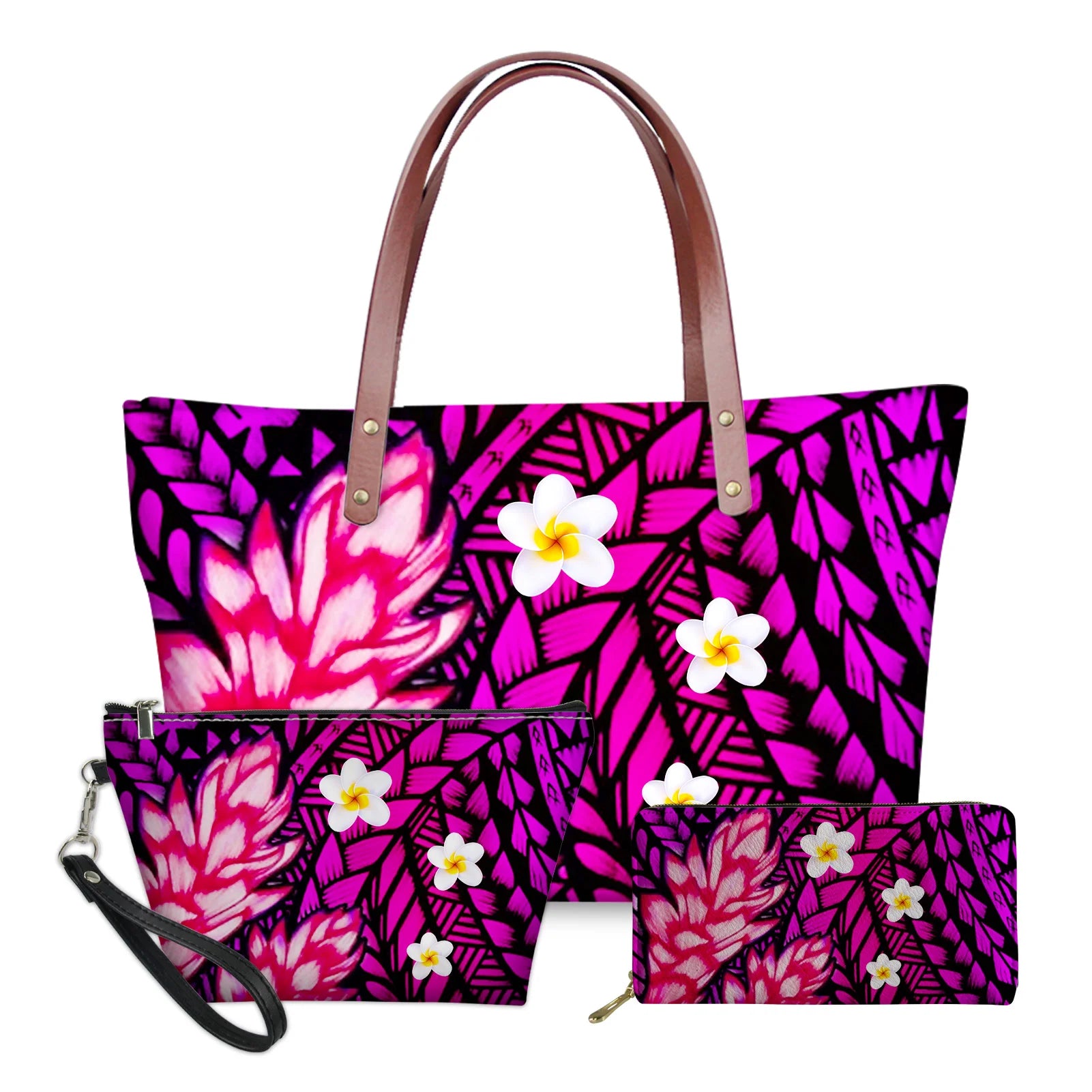 3pc pink and black Polynesian tribal print handbag set with floral plumeria accents and brown leather handles.