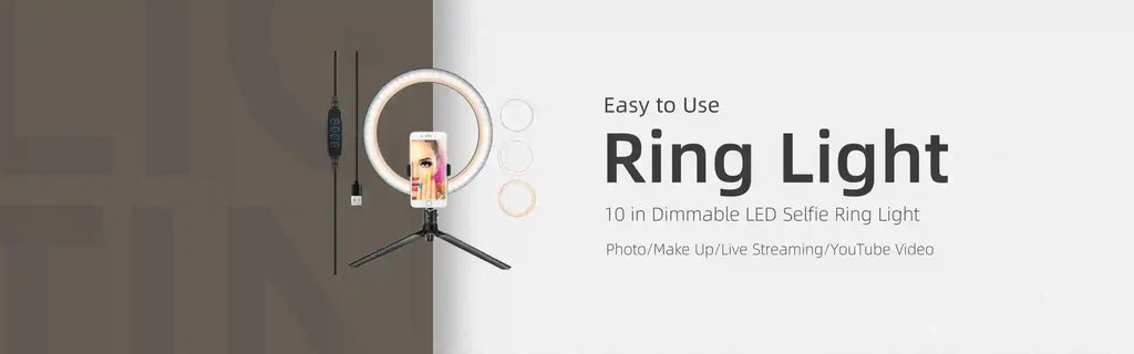 10-inch dimmable LED ring light with a tripod stand and phone mount for photography, makeup, and video streaming.