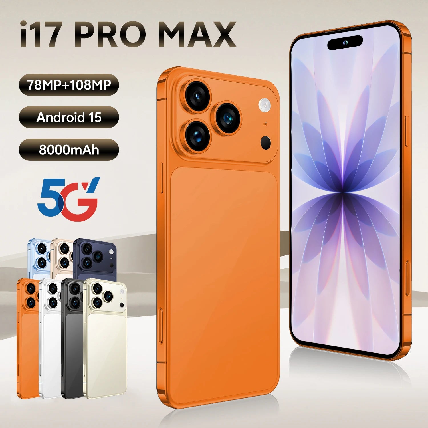 I17 Pro Max 7.3 inch smartphone with 108MP camera, 16GB RAM, 1TB storage, and 8000mAh battery in French layout