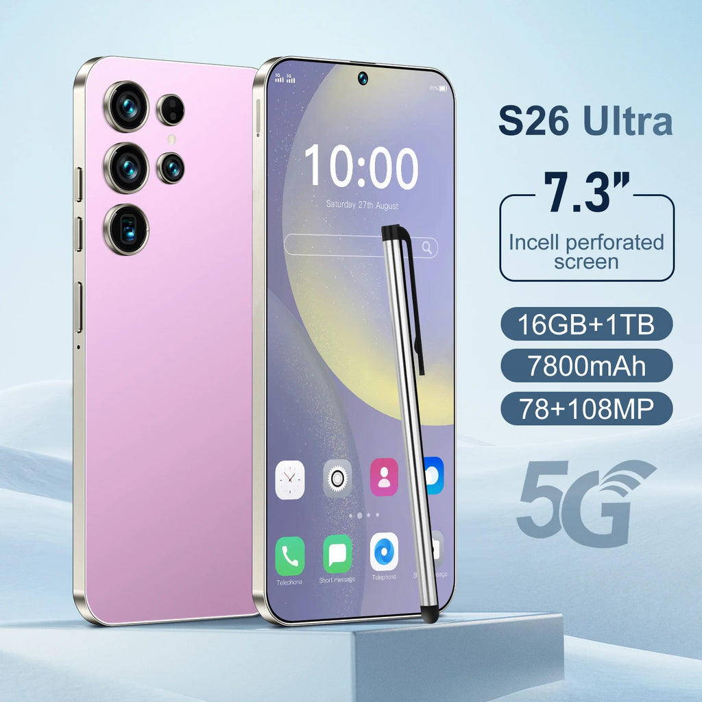Unlocked S26 ULTRA 5G Mobile Phone 7.3 Inch Screen 108MP Camera 7800mAh Battery Dual Sim 1TB ROM Smart Features Pink 16g 1TB Tidesmit