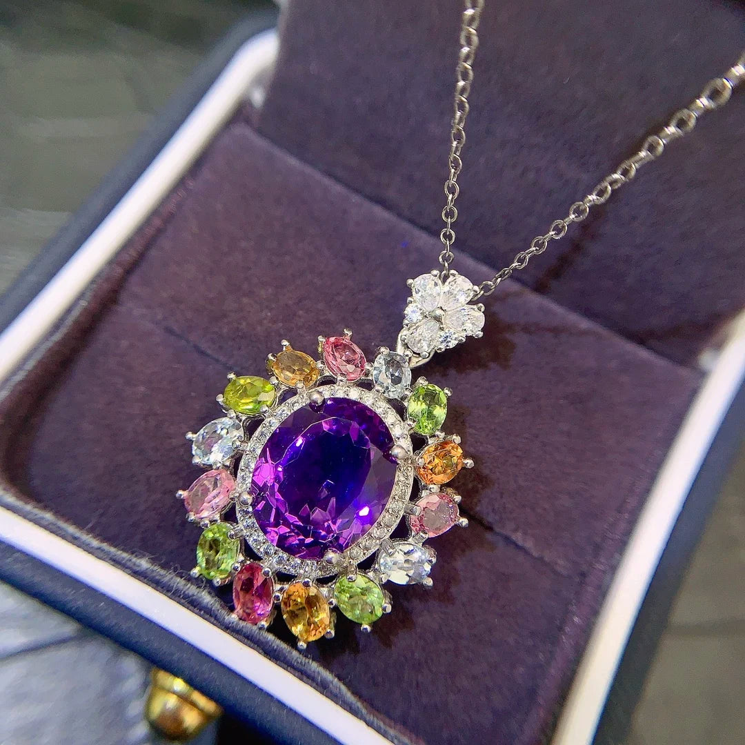 Women's 925 Sterling Silver Fine Jewelry Set Natural Tourmaline Amethyst for Parties Weddings