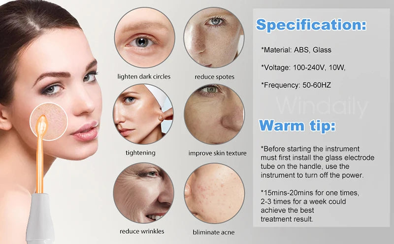 High-frequency facial wand with a glowing orange glass electrode, shown treating skin, with feature and usage diagrams.