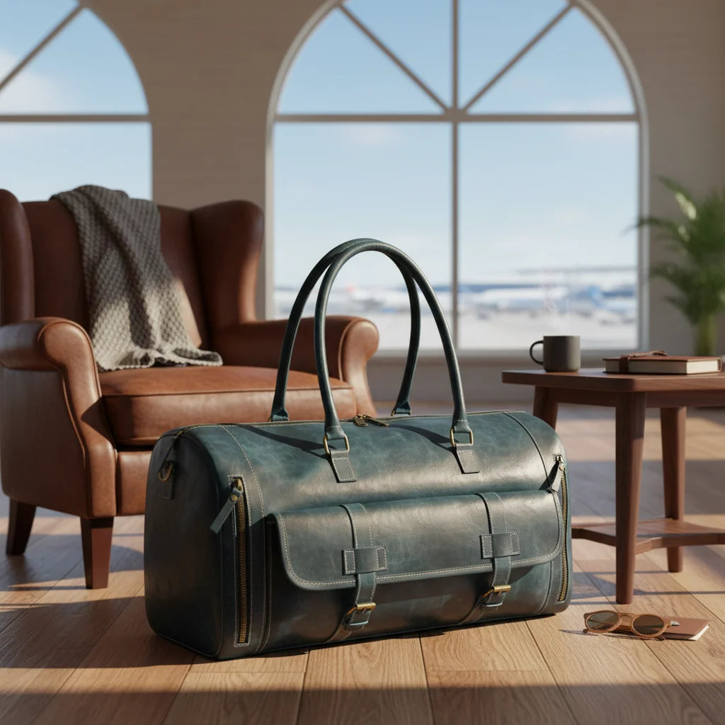 Premium water-resistant teal blue full-grain leather duffle bag with front pockets and designer travel style.