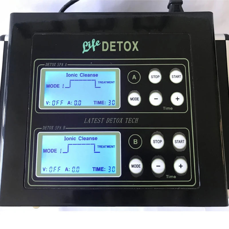 Black dual ionic detox foot spa machine with LCD displays and control buttons for professional home health use.