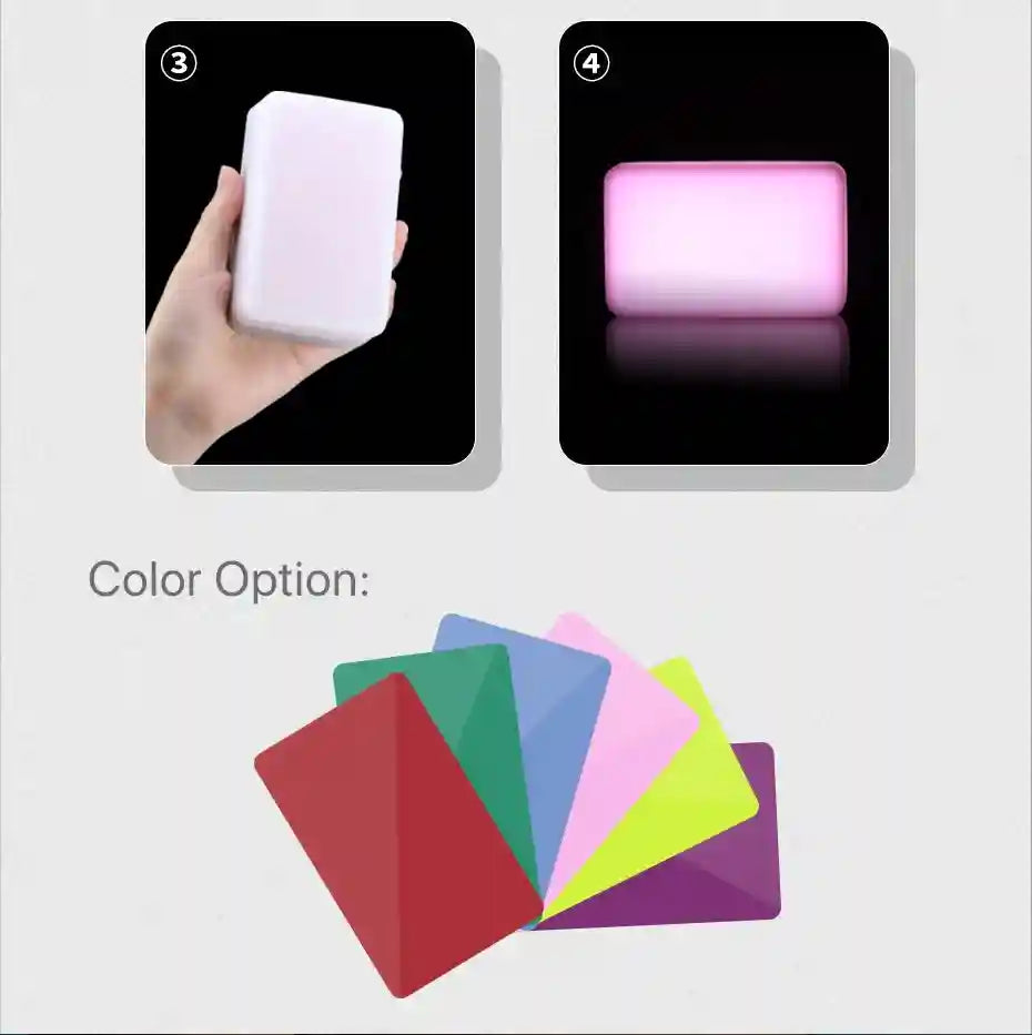 Rectangular handheld LED mood light, shown powered off and glowing pink, with a fan of colored filter covers.