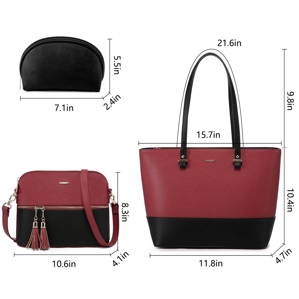 3-piece LOVEVOOK designer handbag set in burgundy and black PU leather, featuring a tote, crossbody, and pouch.