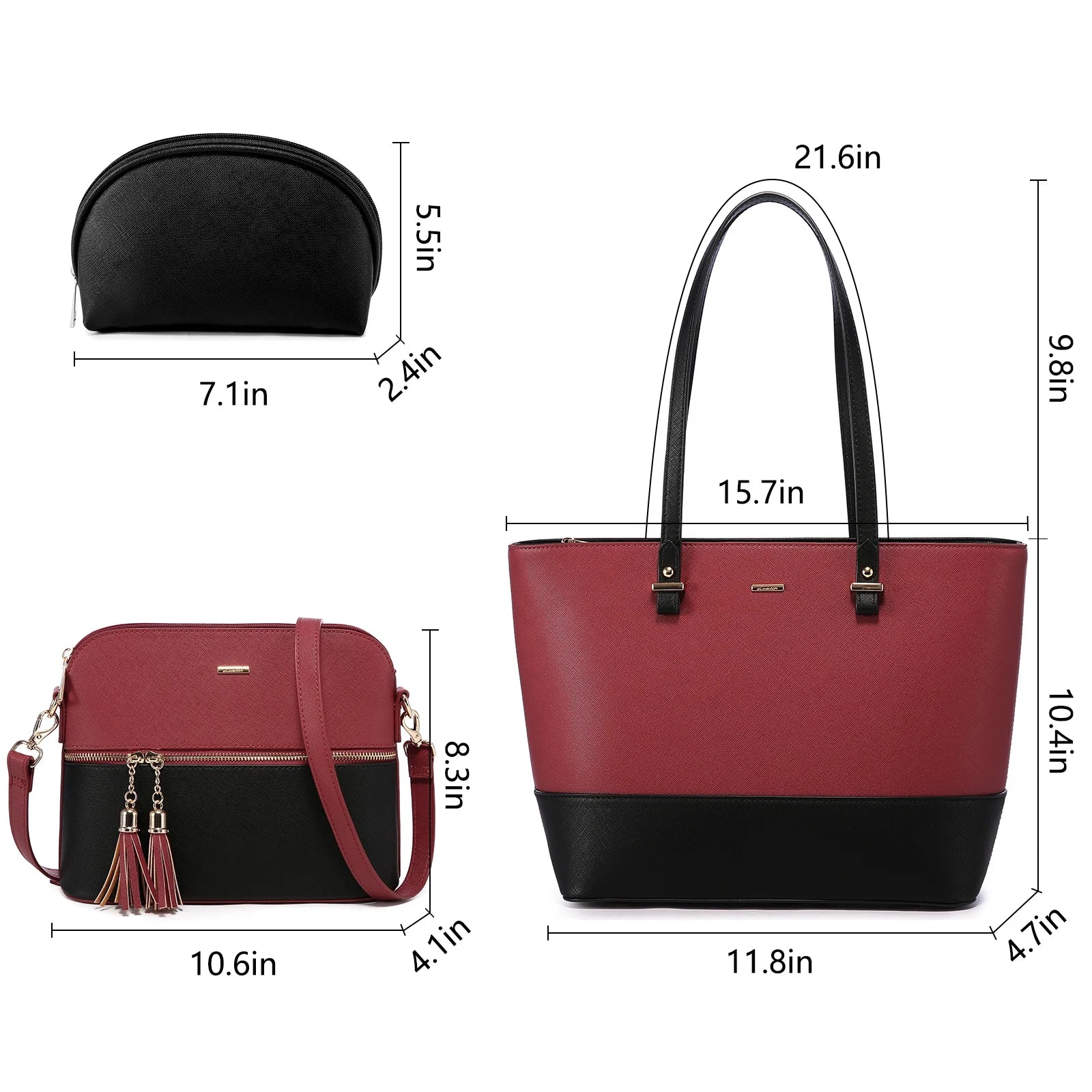3-piece LOVEVOOK designer handbag set in burgundy and black PU leather, featuring a tote, crossbody, and pouch.