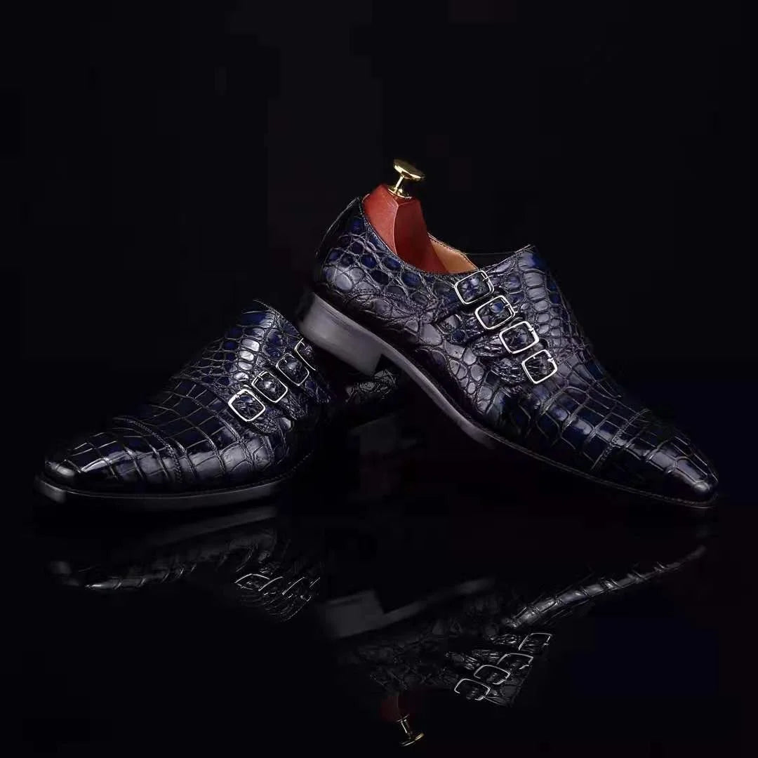 Crocodile Leather Blue Casual Men's Shoes Zapato Goodyear Welt Luxury Loafer Shoes for Men Alligator Monk Strap Office Shoes Men