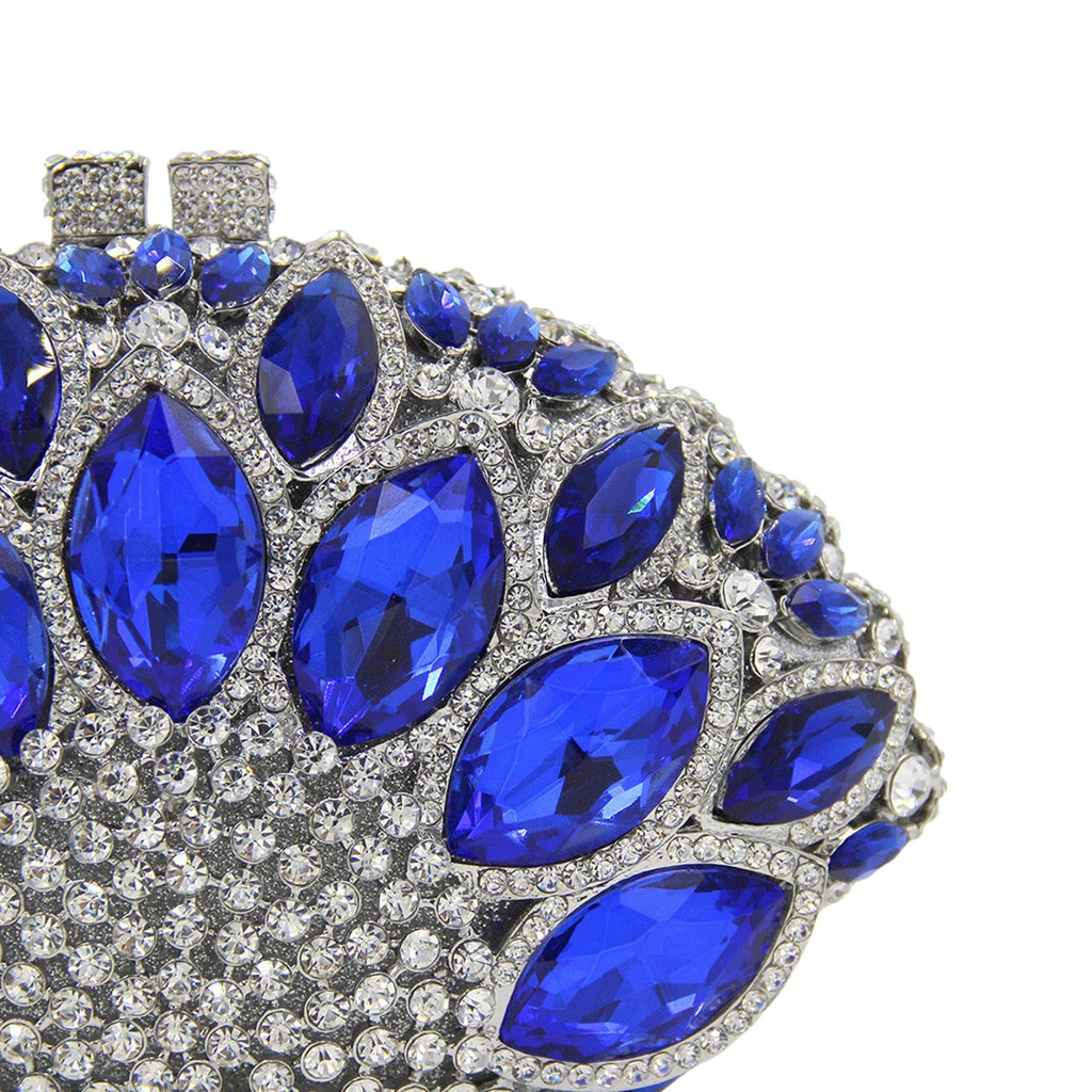 Blue crystal luxury clutch purse with marquise stones and silver rhinestones, perfect for formal evening events.