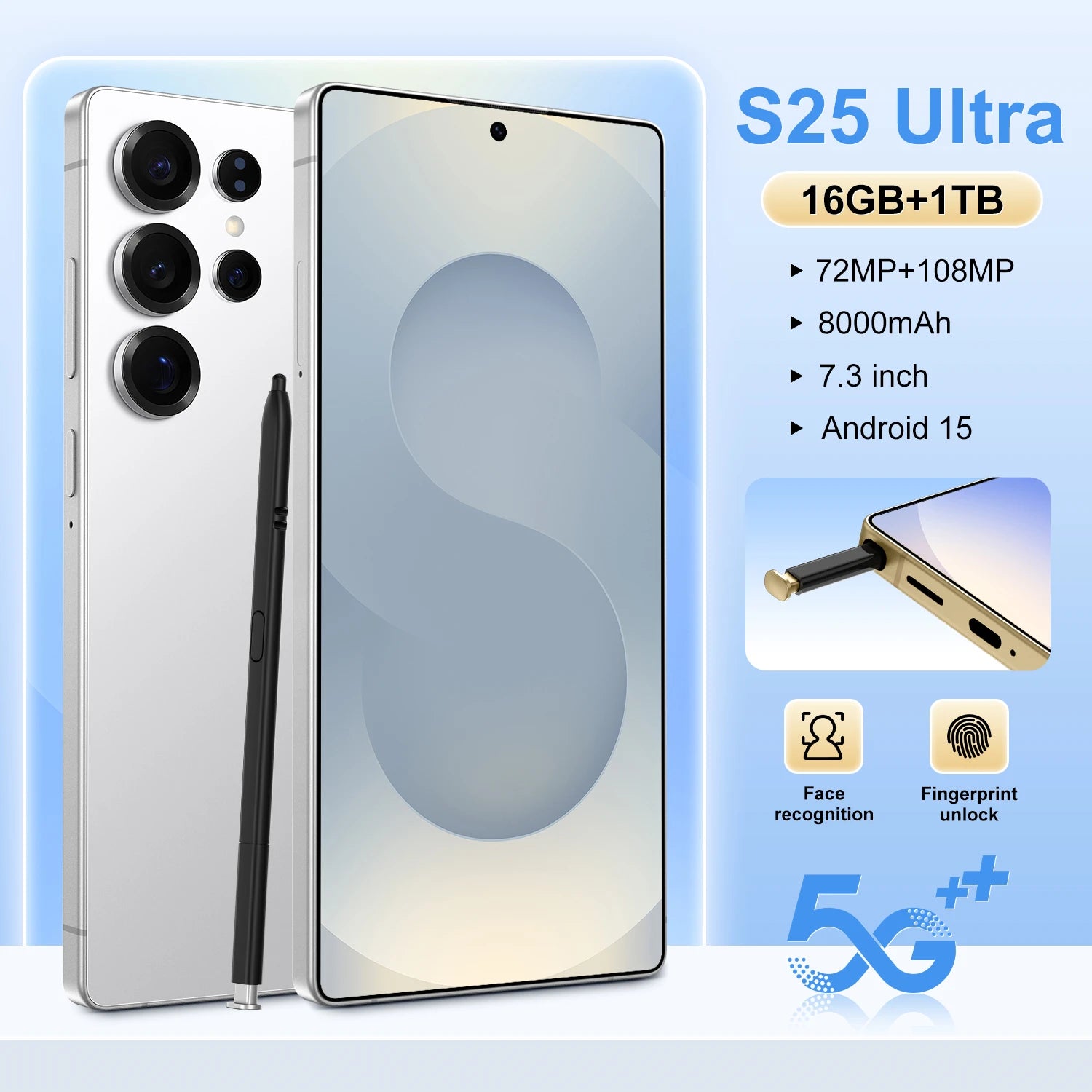 Tidesmit S25 Ultra 7-inch smartphone with 108MP camera, 7800mAh battery, and built-in pen in sleek black finish.