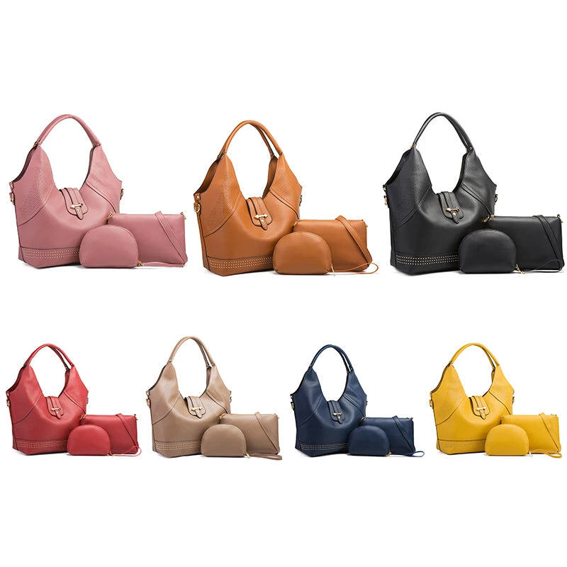4-piece set of foldable leather hobo shoulder bags and satchel purses in assorted colors with stud and buckle details.