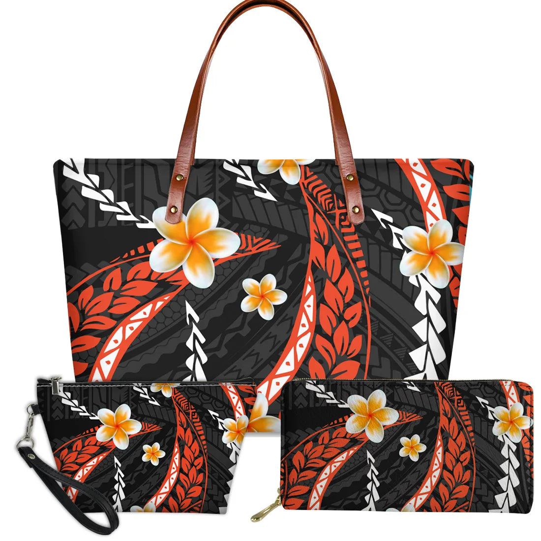 3-piece handbag set with black, orange, and white Polynesian tribal turtle and plumeria floral print, leather handles.