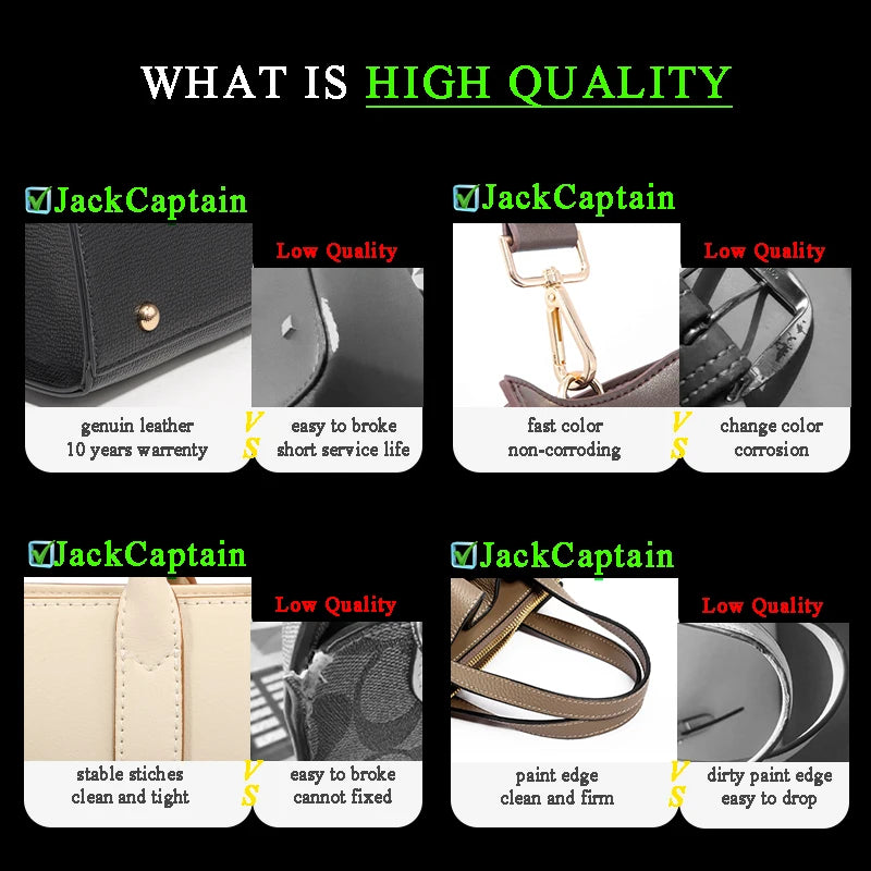 Jack Captain genuine leather designer handbag quality comparison showing durable stitching, metal hardware, and edges.