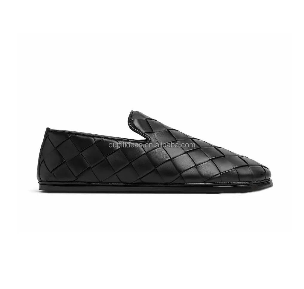 Large Size 47 Genuine Leather Intreccia Sunday Slippers Unisex Women Slip-on Dress Men Wedding Shoes Brown Men Leather Loafers