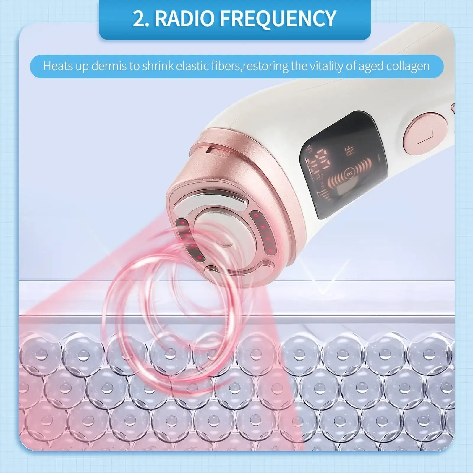 White and rose gold handheld facial massager with an LED screen, projecting a red RF light effect onto a bubble texture.