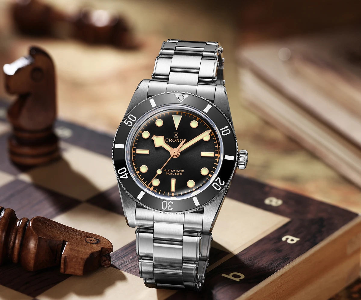 CRONOS Men Automatic Watch 37mm Mechanical Wristwatch Sapphire Diver 20ATM Waterproof BGW-9 Luminous PT5000 SW200 Ceramic Bezel