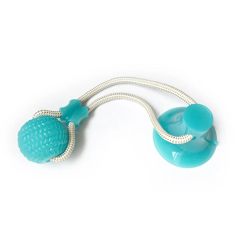 Blue TPR suction cup dog toy with elastic rope and molar ball for interactive chewing and dental cleaning.