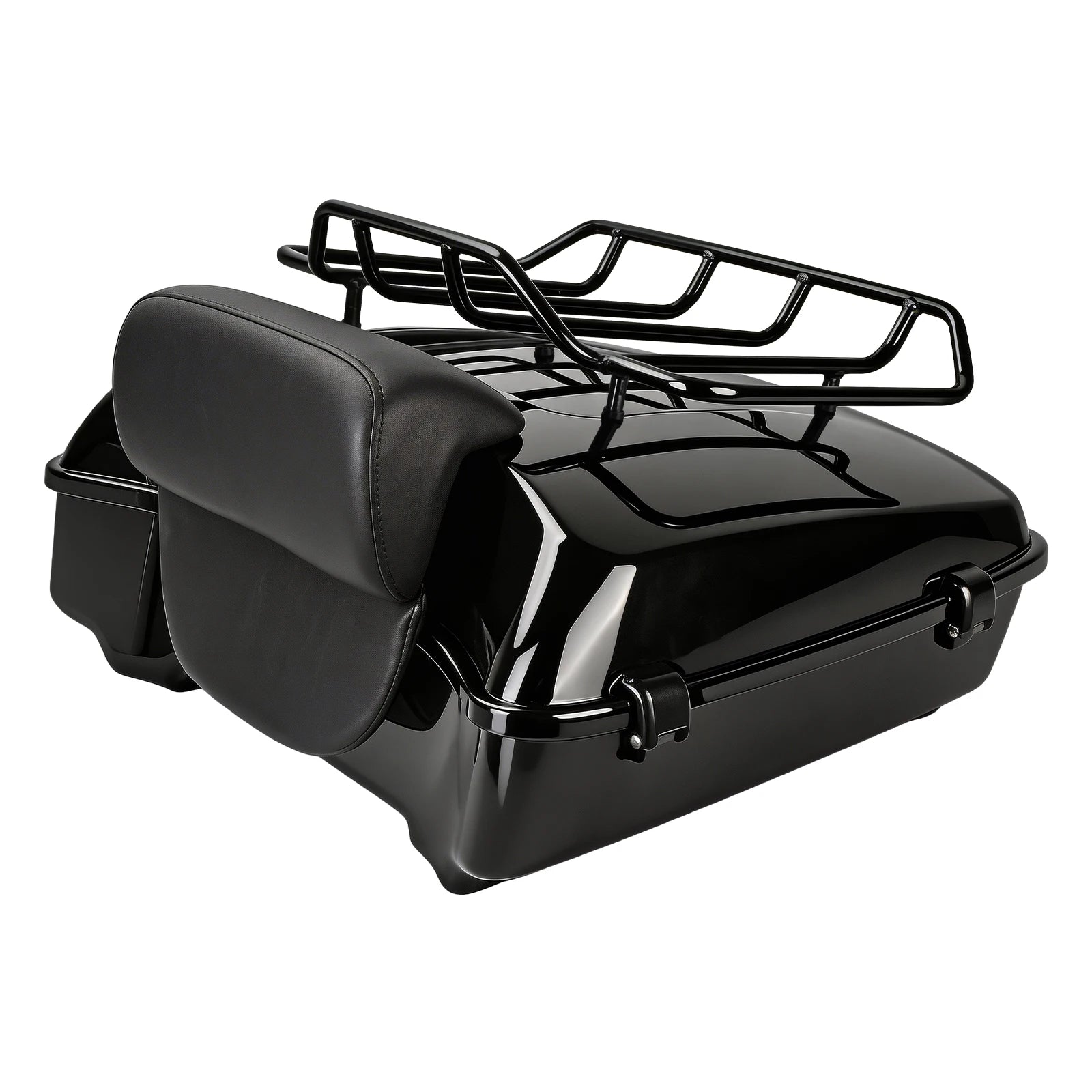 Glossy black motorcycle tour pack with passenger backrest and top luggage rack for Harley Touring 2014-2025 models.
