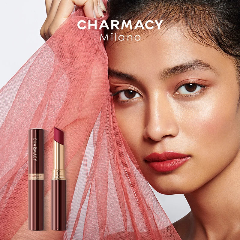 Model wearing long-lasting Charmacy matte velvet lipstick in deep red shade. Waterproof, easy-wear lip makeup.