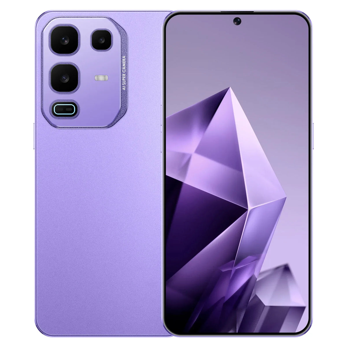 Purple smartphone with triple rear cameras and side fingerprint sensor, front and back view
