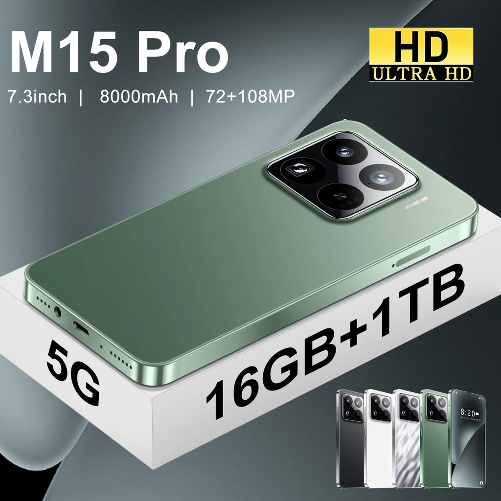 Wholesale M15 Pro 5G Smart Phone Unlocked Android 14 with Face Recognition 4G/5G 16GB+1TB Mobile Phones Cellphone Tidesmit
