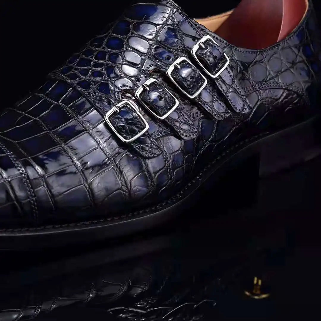 Crocodile Leather Blue Casual Men's Shoes Zapato Goodyear Welt Luxury Loafer Shoes for Men Alligator Monk Strap Office Shoes Men