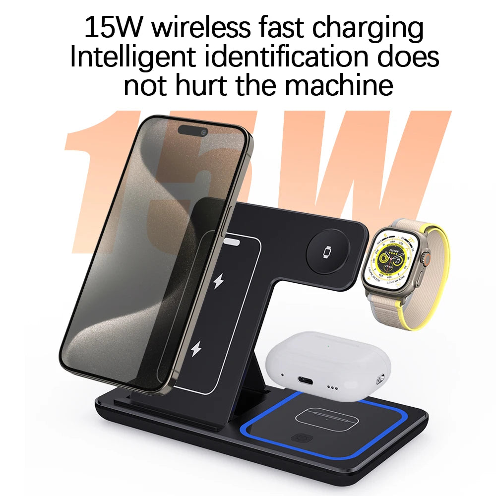 Wholesale Custom Logo Portable 3 in 1 Multifunction Fast Wireless Charging Stand 15w Phone 3 in 1 Foldable Wireless Charger Tidesmit
