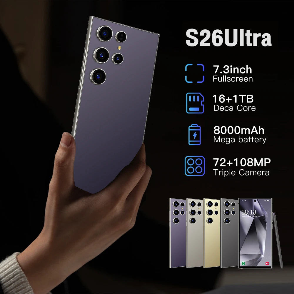 Tidesmit S26 Ultra 5G smartphone with 7.3 inch HD display, 108MP camera, 16GB RAM, and 7800mAh battery.