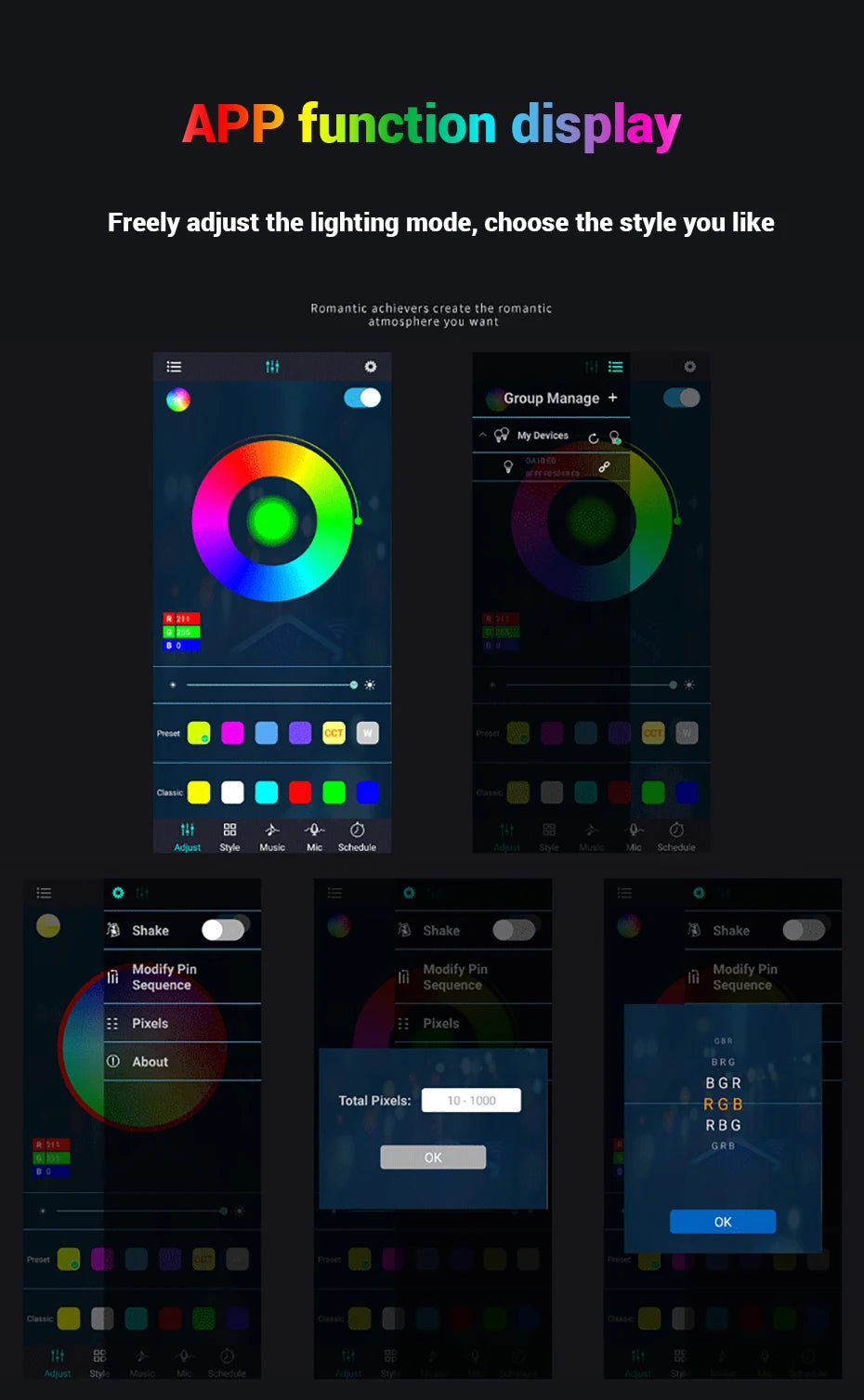 Smartphone app interface for controlling RGB LED lighting, showing color wheel, mode presets, and pixel settings.