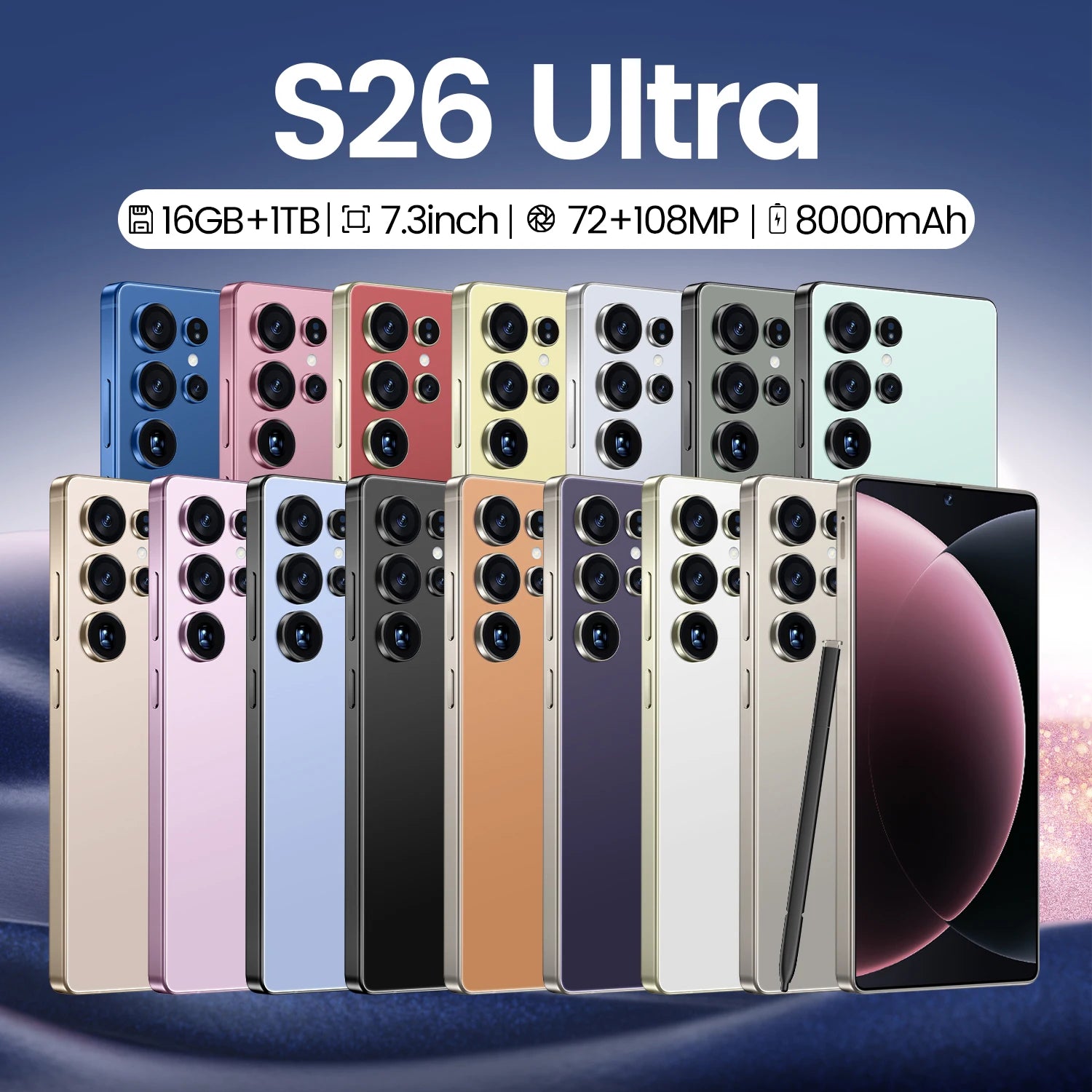Tidesmit S26 Ultra 5G smartphone with 7.3-inch HD screen and 108MP camera in sleek silver finish
