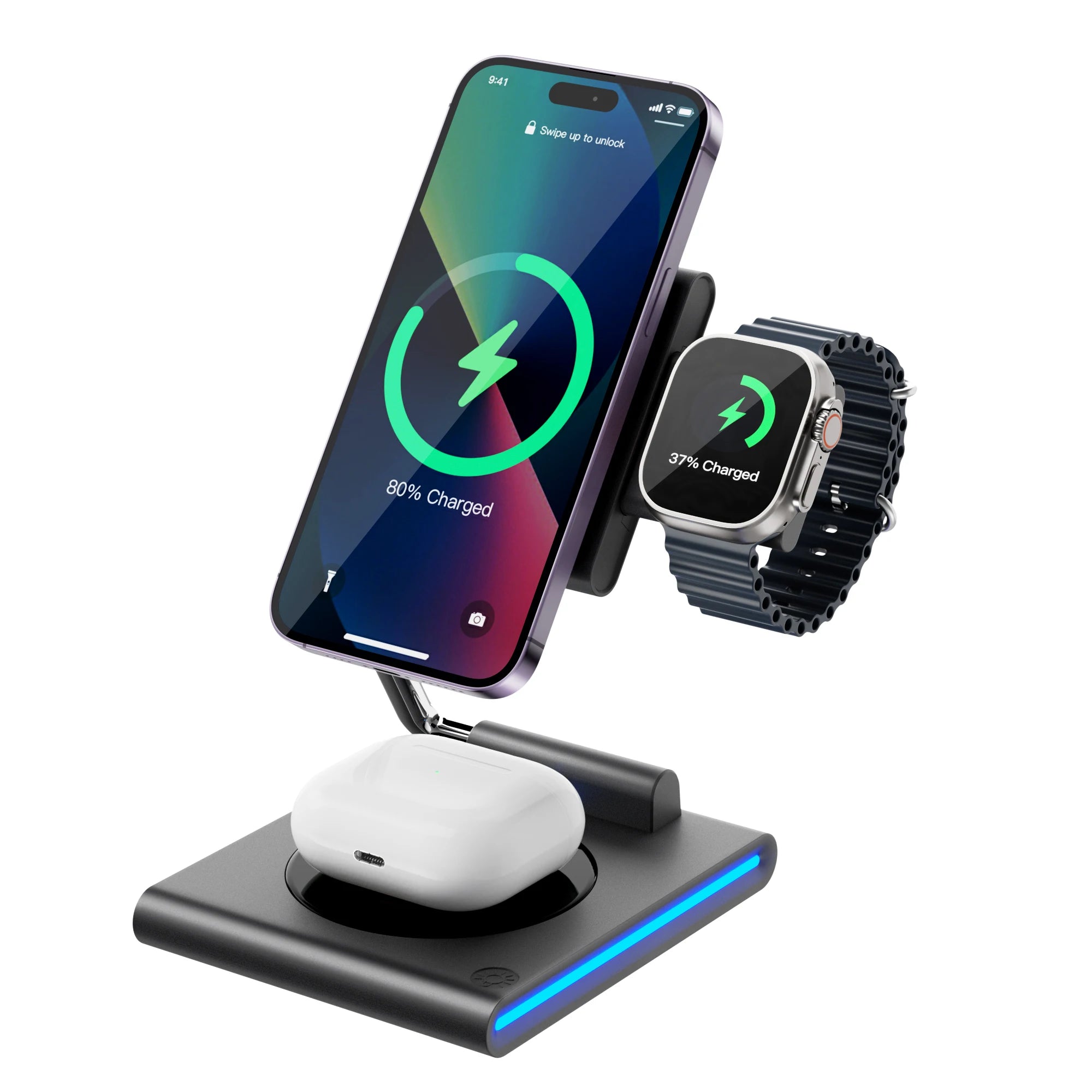 Power bank charger-Portable LED Light Magnetic 15W Foldable 3 in 1 Wireless Charger Wireless Charging Stand Holder Dock for Iphone 15 14 13Pro Max Tidesmit