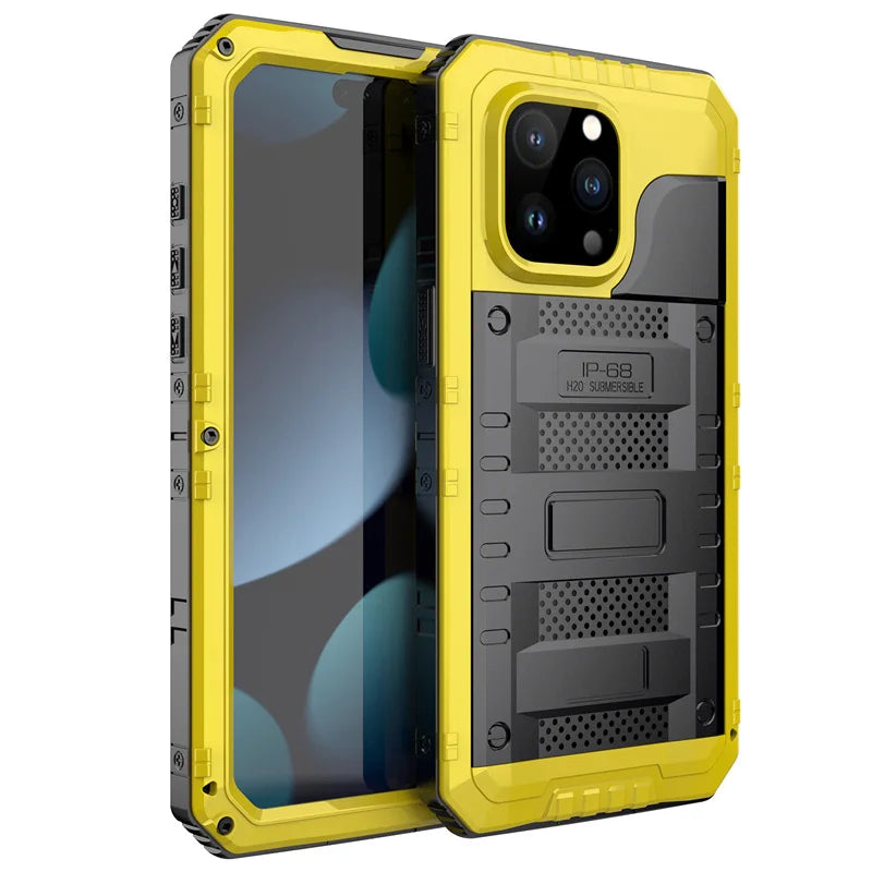 Heavy Duty Kickstand IP68 Screen Protector Covers Waterproof Metal Case for iPhone 16e 16 15 14 13 12 11 Pro Max XS XR Pro 7 8 + Yellow Retail box Tidesmit