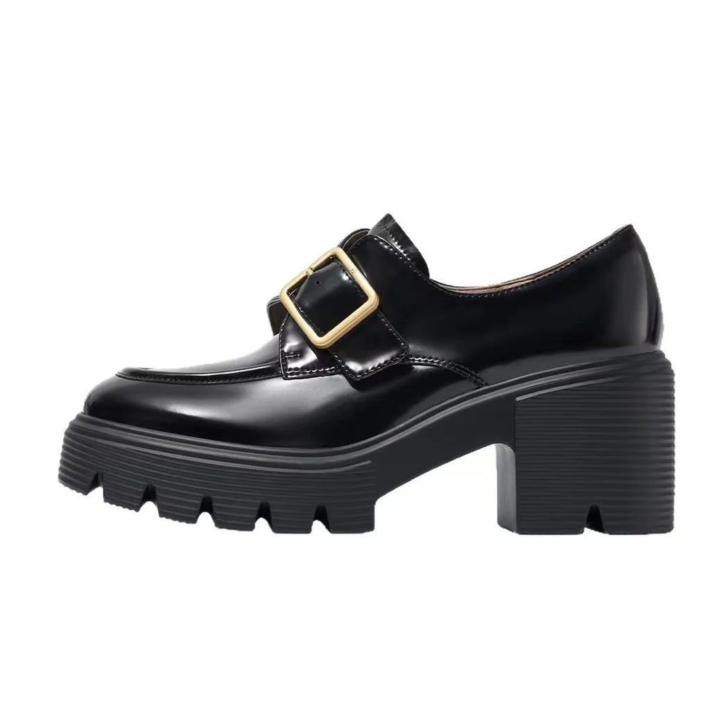 High-end Loafers for Women with Adjustable Buckles and Thick Heels, Suitable for Office Wear and Heightening the Appearance