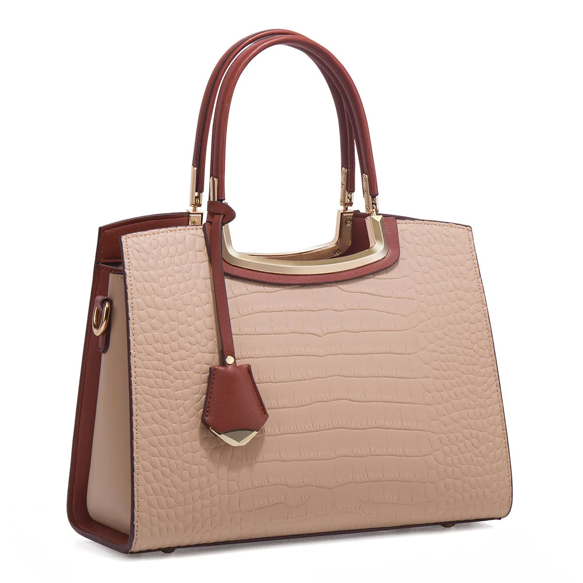 Beige crocodile-embossed leather tote bag with brown handles, gold hardware, and a matching hanging charm.