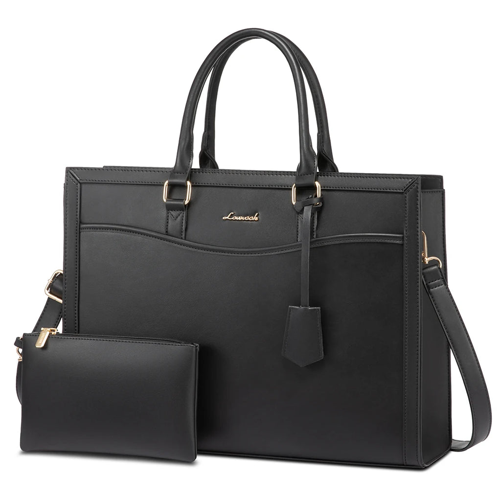 LOVEVOOK black waterproof leather laptop tote bag with shoulder strap, gold hardware, and matching accessory pouch.
