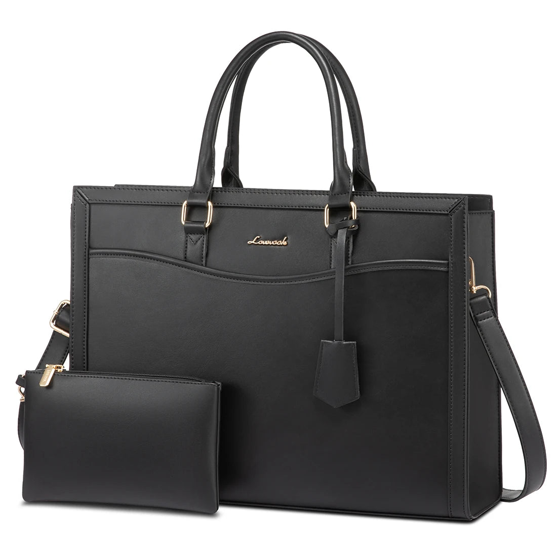 LOVEVOOK black waterproof leather laptop tote bag with shoulder strap, gold hardware, and matching accessory pouch.