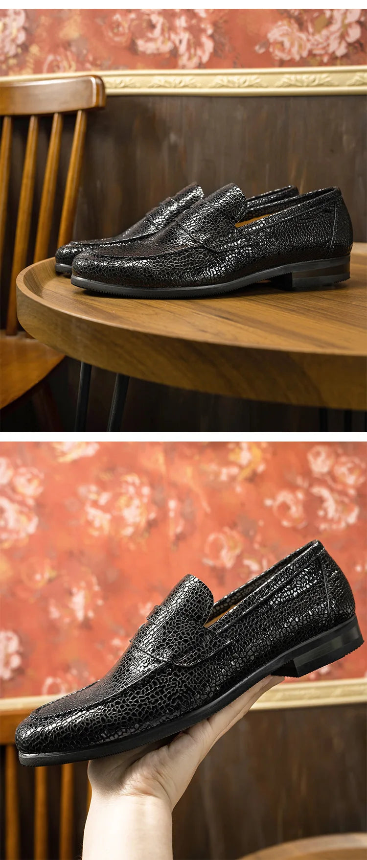 Men's Loafers Office Casual Shoes Slip-On Summer Cowhide Geometric Pattern Genuine Leather Upper Rubber Outsole
