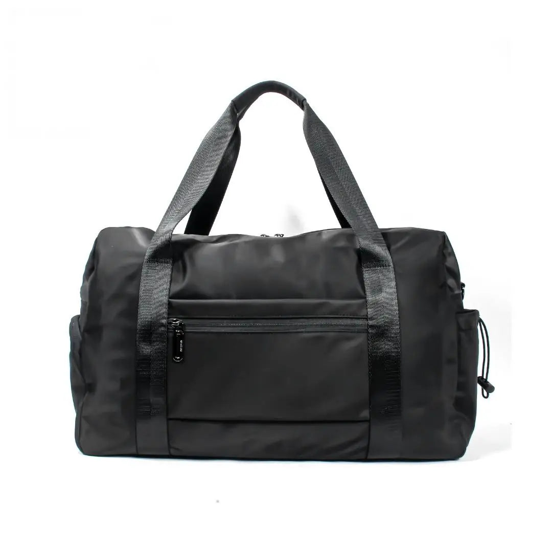 Black waterproof nylon travel duffel bag with zipper pockets, sturdy carry handles, and shoulder strap for trips.