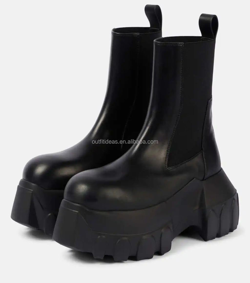 Round Toe Calf Leather Original Women Men Platform Dress Shoes Elasticated Panelled Boots Mega Tractor Leather Men Chelsea Boots