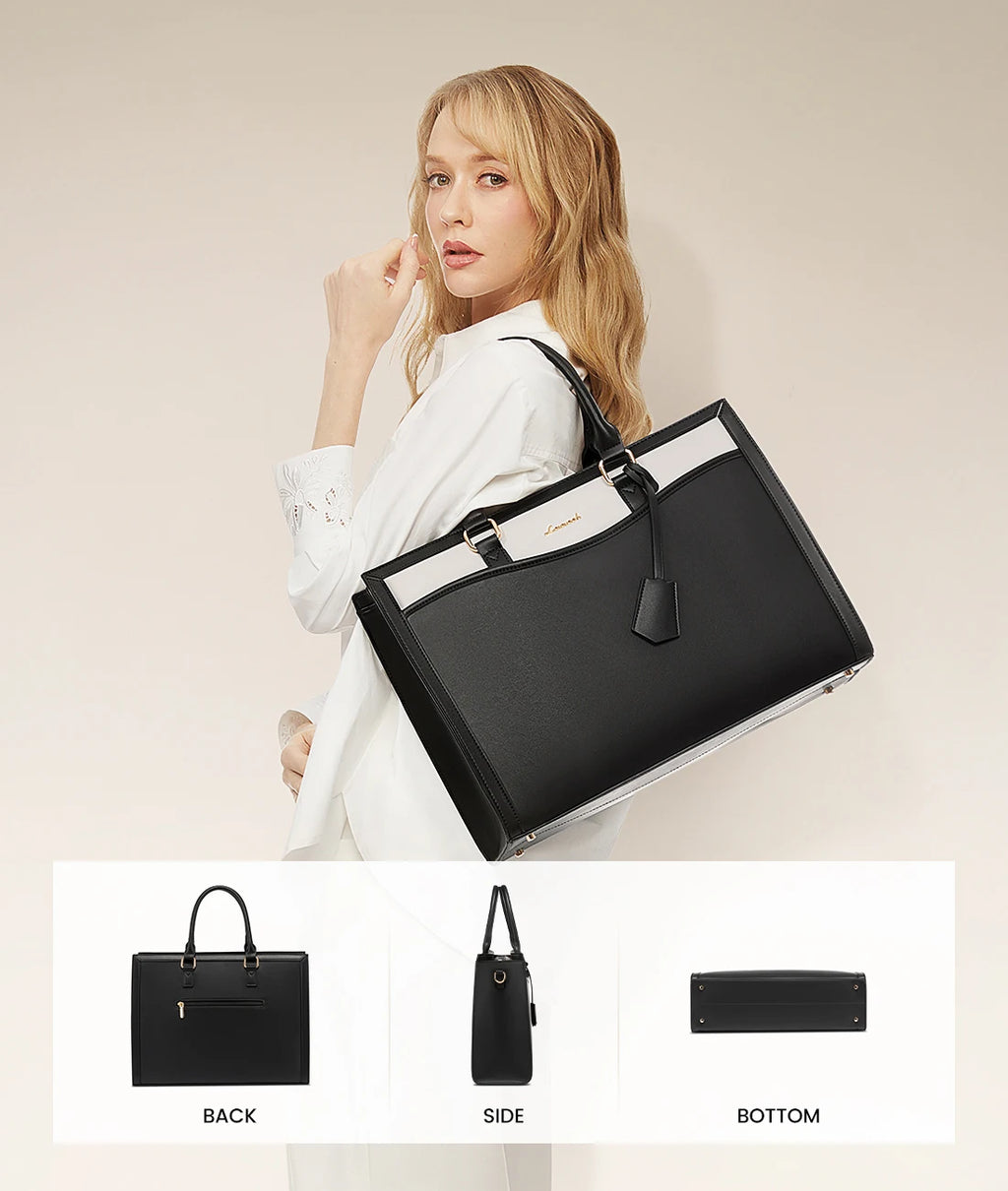 LOVEVOOK two-tone black and white leather laptop tote bag, a structured designer shoulder handbag for women.