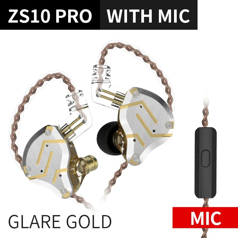 KZ ZS10 Pro 5-Driver Hybrid Hi-Fi In-Ear Monitors by Tidesmit ZS10ProGlareGlodMic Tidesmit