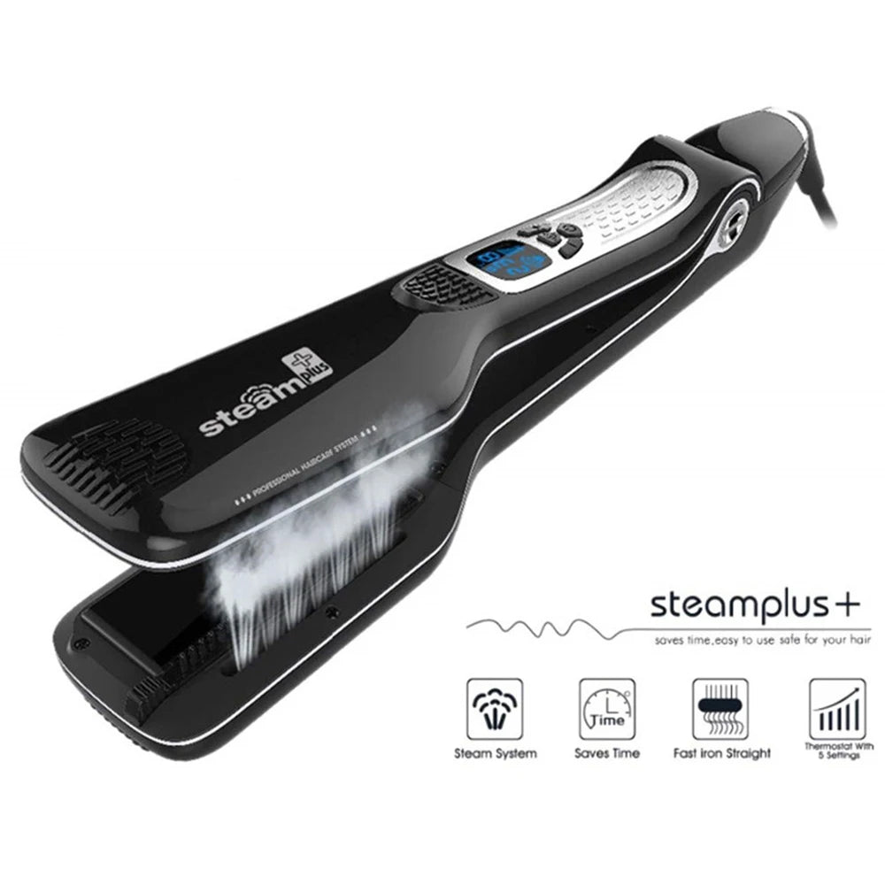 Black steam hair straightener with digital display, integrated comb, and 5 temperature settings for sleek hair styling.