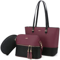 LOVEVOOK 3-piece designer handbag set in burgundy and black PU leather with gold hardware and tassel detail.