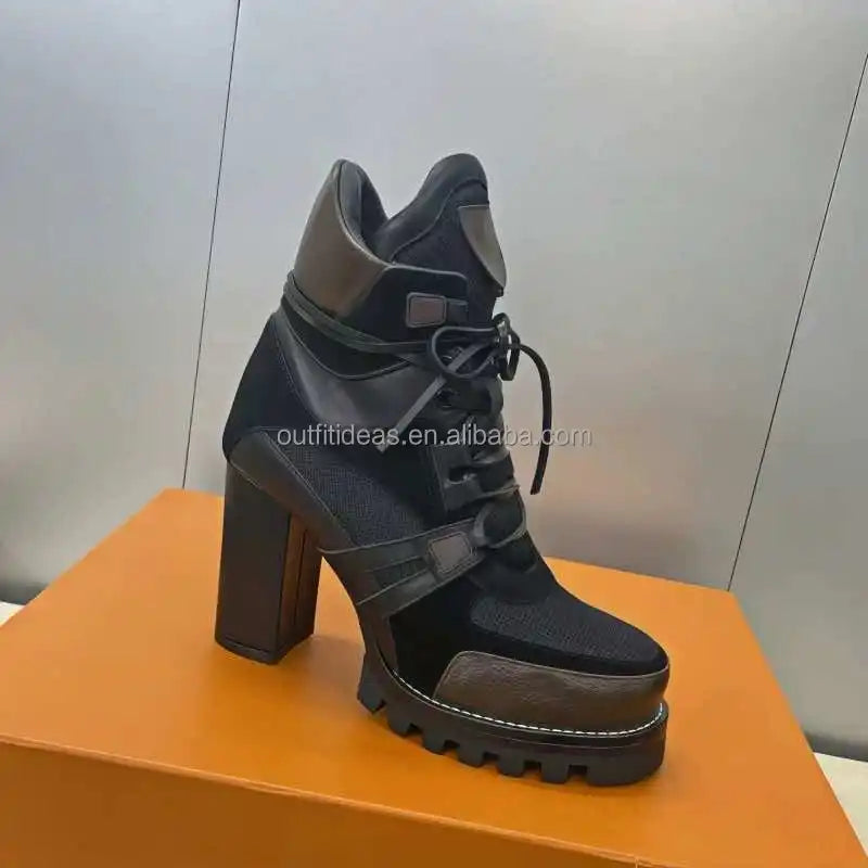 Original Sole Genuine Leather Patent Monogram Platform 3.1 Inch High Heel Calfskin Women Leather Laces Star Trail Ankle Boot