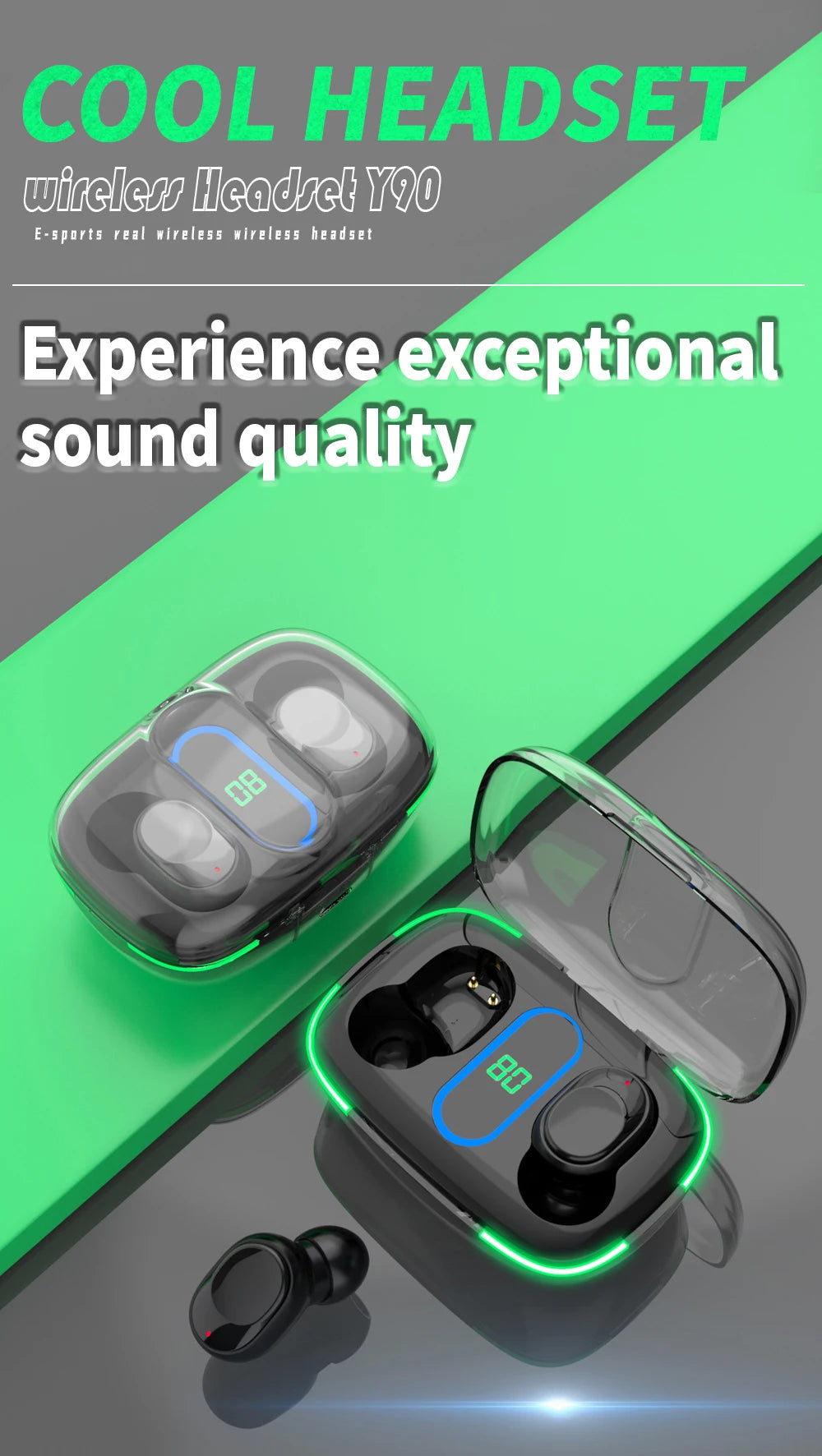 Cheap Price Wholesale Y90 Long Battery Life LED Headphone Earbuds Waterproof TWS BT 5.3 True Wireless Sport Headset Tidesmit