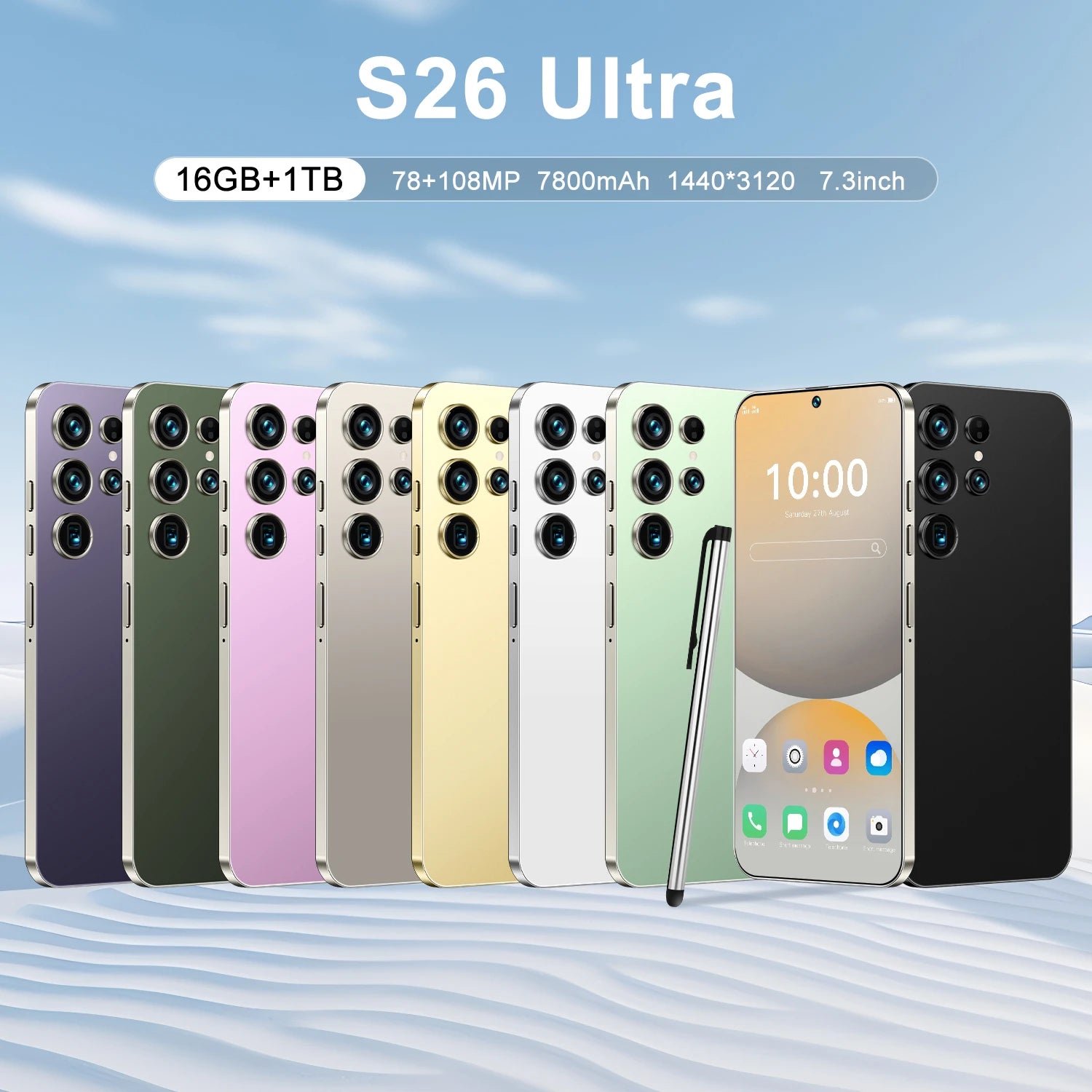 Unlocked S26 ULTRA 5G Mobile Phone 7.3 Inch Screen 108MP Camera 7800mAh Battery Dual Sim 1TB ROM Smart Features Tidesmit