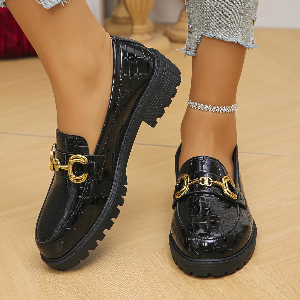 Women's Loafers Burgundy Patent Leather Platform Shoes Round Toe Metal Buckle Casual Fashionable Dress Shoes for Women Ladies
