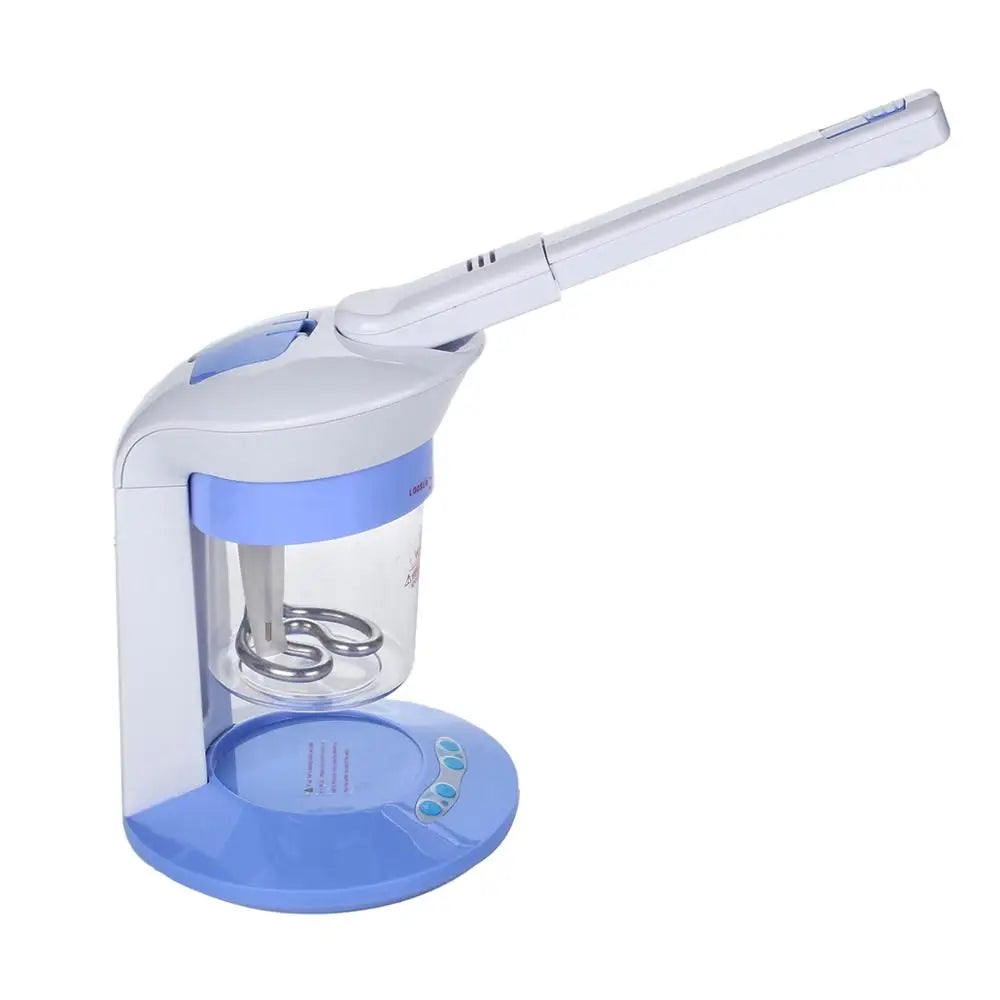 Portable blue and white facial thermal steamer with adjustable nozzle and clear water tank for home spa skin care.