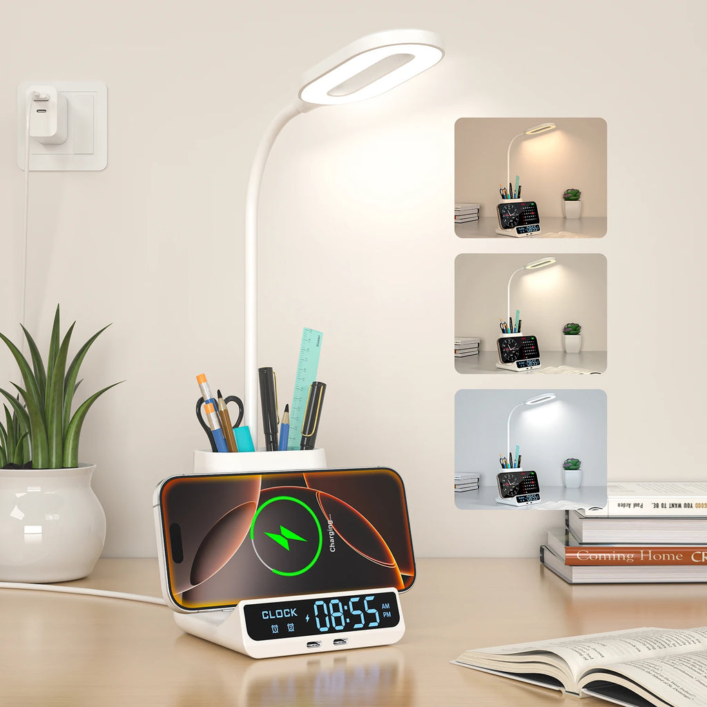 New Arrival 5-in-1 Multifunctional Wireless Charger Desk Lamp with Pen Holder Clock Display Sleek Design for Home Office Tidesmit