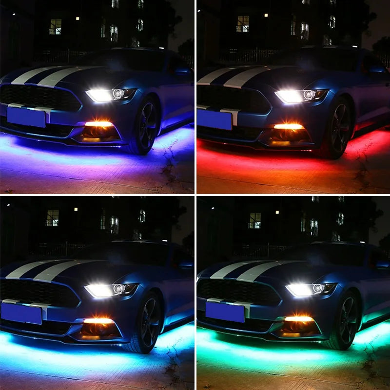 Multi-color LED underglow light kit installed on a blue sports car, showing purple, red, light blue, and green lighting.
